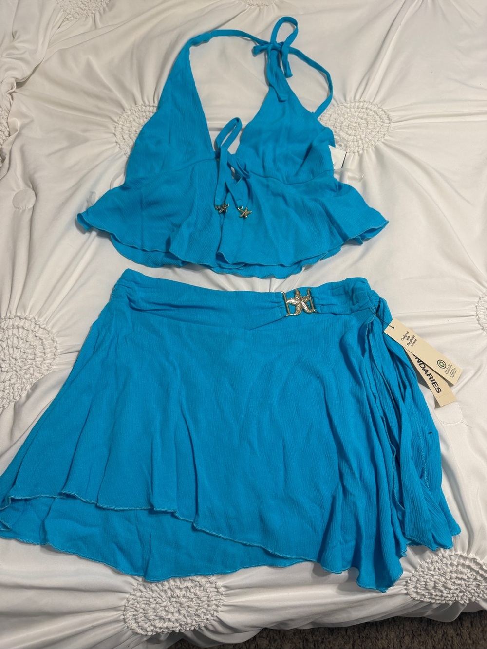 No Boundaries Turquoise Blue Two-Piece Swim Coverup with gold starfish accents.